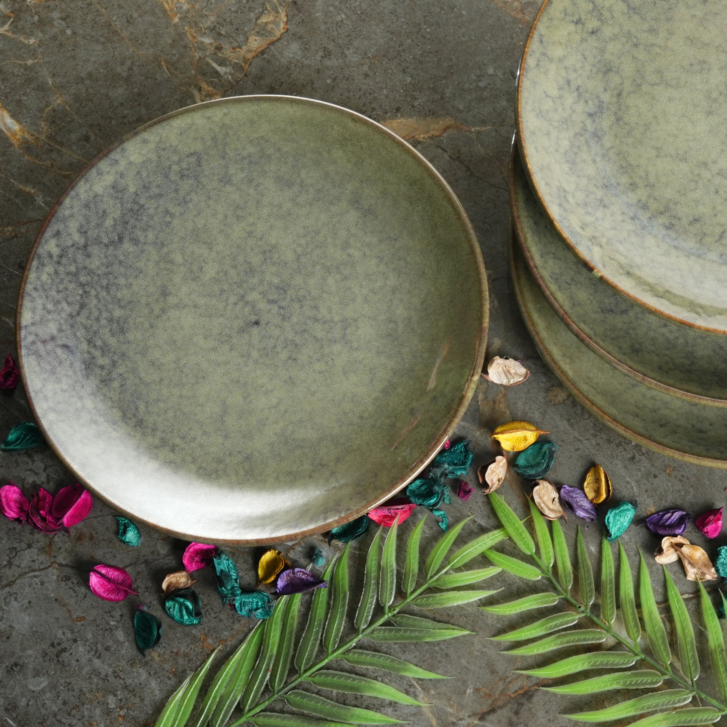Caffeine Ceramic Handmade Multicolor Green Studio Dinner Plate 10" inch (Set of 6) - Caffeine Premium Stoneware