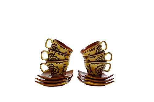 Caffeine Ceramic Handmade Mustard Romani Printed Tea Sets (Set of 15 pcs) - Caffeine Premium Stoneware