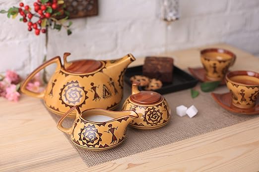 Caffeine Ceramic Handmade Mustard Romani Printed Tea Sets (Set of 15 pcs) - Caffeine Premium Stoneware