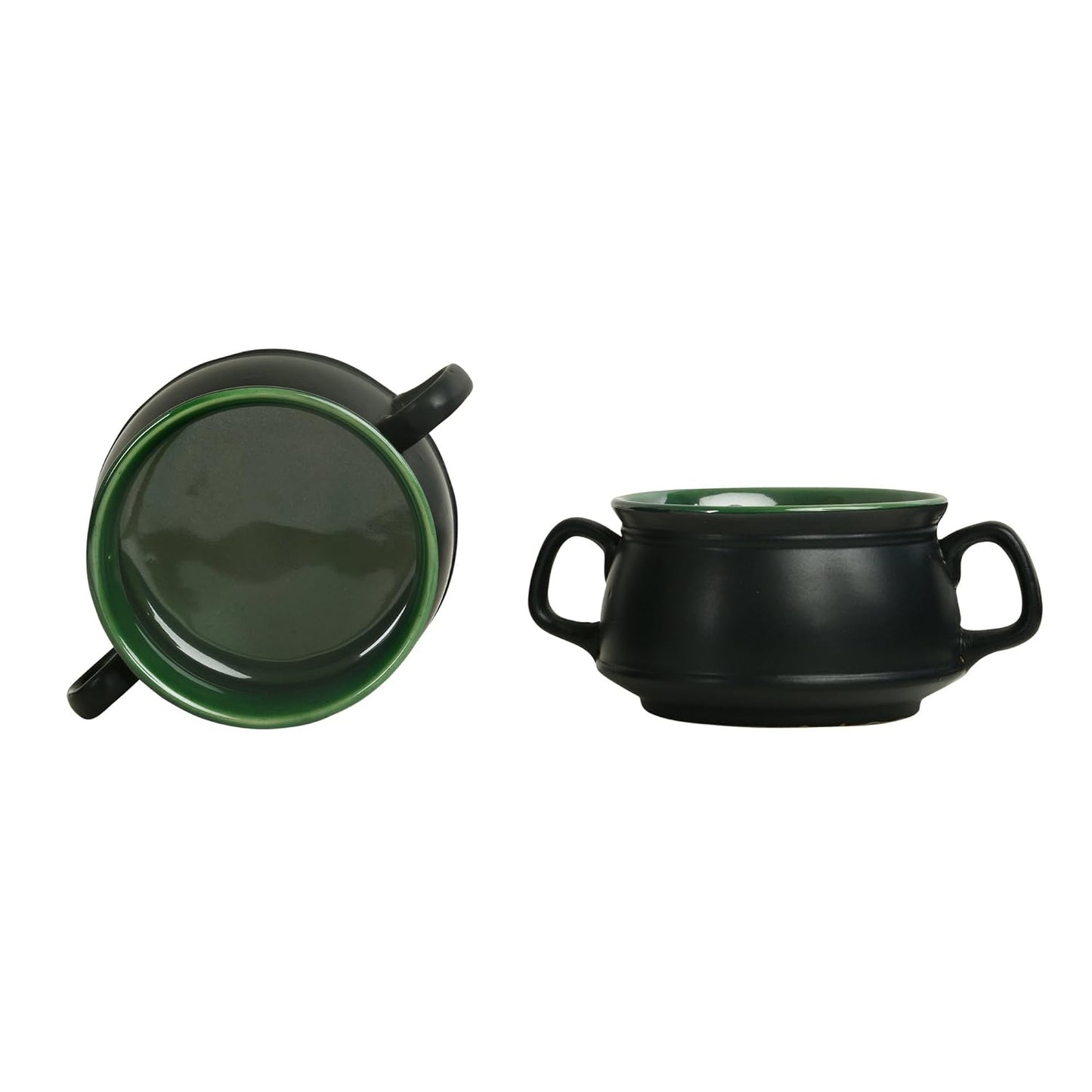 Caffeine Ceramic Handmade Green & Black Double Handled Soup Bowl with Spoon (Set of 2) - Caffeine Premium Stoneware