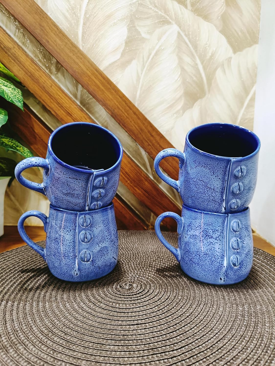 Caffeine Premium Ceramic Handmade Blue Crackle Buttoned Tea Cup set of 4 - Caffeine Premium Stoneware