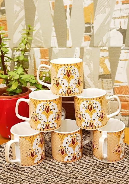 Caffeine Ceramic Handmade Yellow Gold Pattern Tea Cup Set (Set of 6) - Caffeine Premium Stoneware