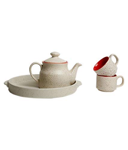 Caffeine Ceramic White and Red Tea Tray Set of 6 - Caffeine Premium Stoneware