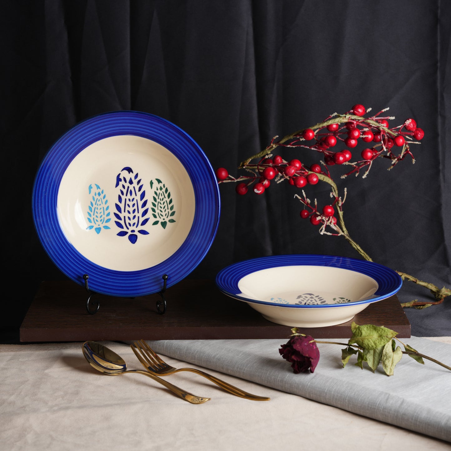 Caffeine Ceramic Handmade Stoneware Blue Boota Soup Plates/Pasta Plates/Maggie Plates/Macaroni Plate 9 inch (Set of 4 Dishwasher & Microwave Safe - Caffeine Premium Stoneware