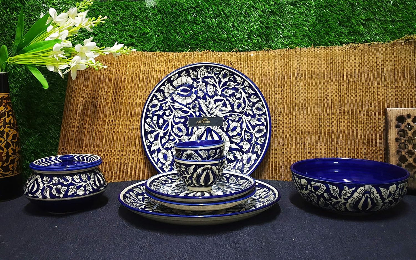 Caffeine Ceramic Handmade Blue Mughal Combo Dinner Set (8 pcs.) - Caffeine Premium Ceramic