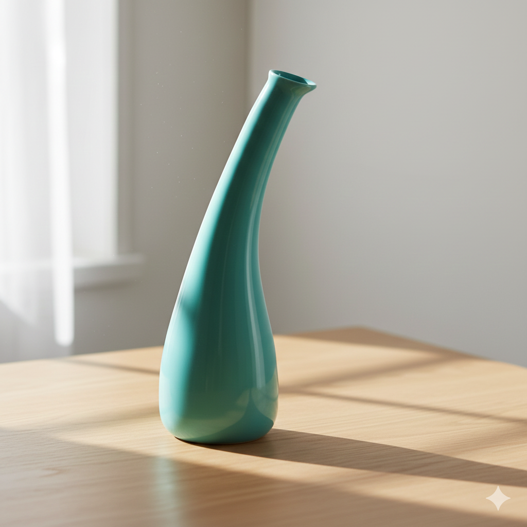 Teal ceramic vase on a wooden surface with a neutral background