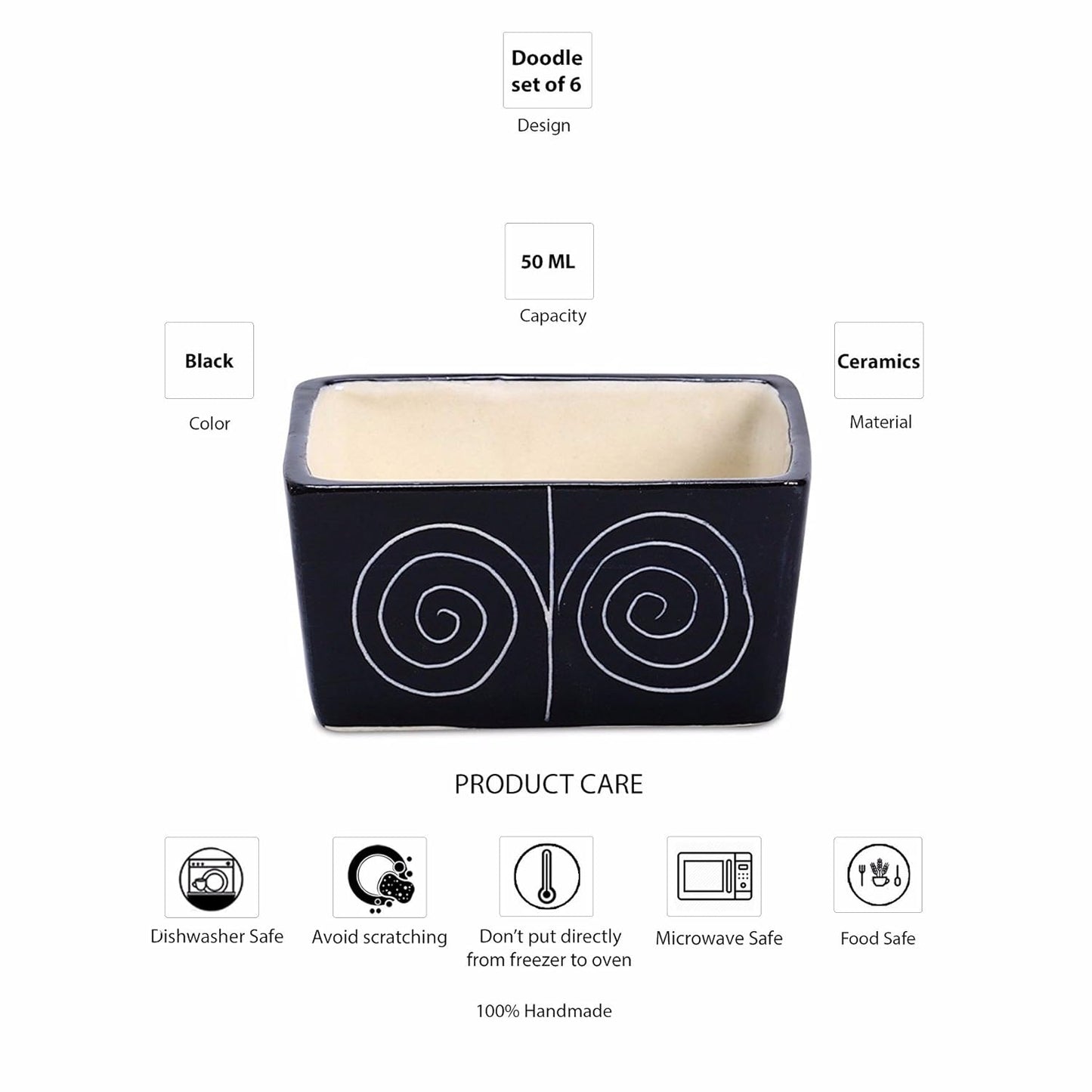 Caffeine Ceramic Stoneware Handmade Black Doodle Dip and Sauce (Set of 6, 40 ml) (Microwave & Dishwasher Safe) - Caffeine Premium Stoneware