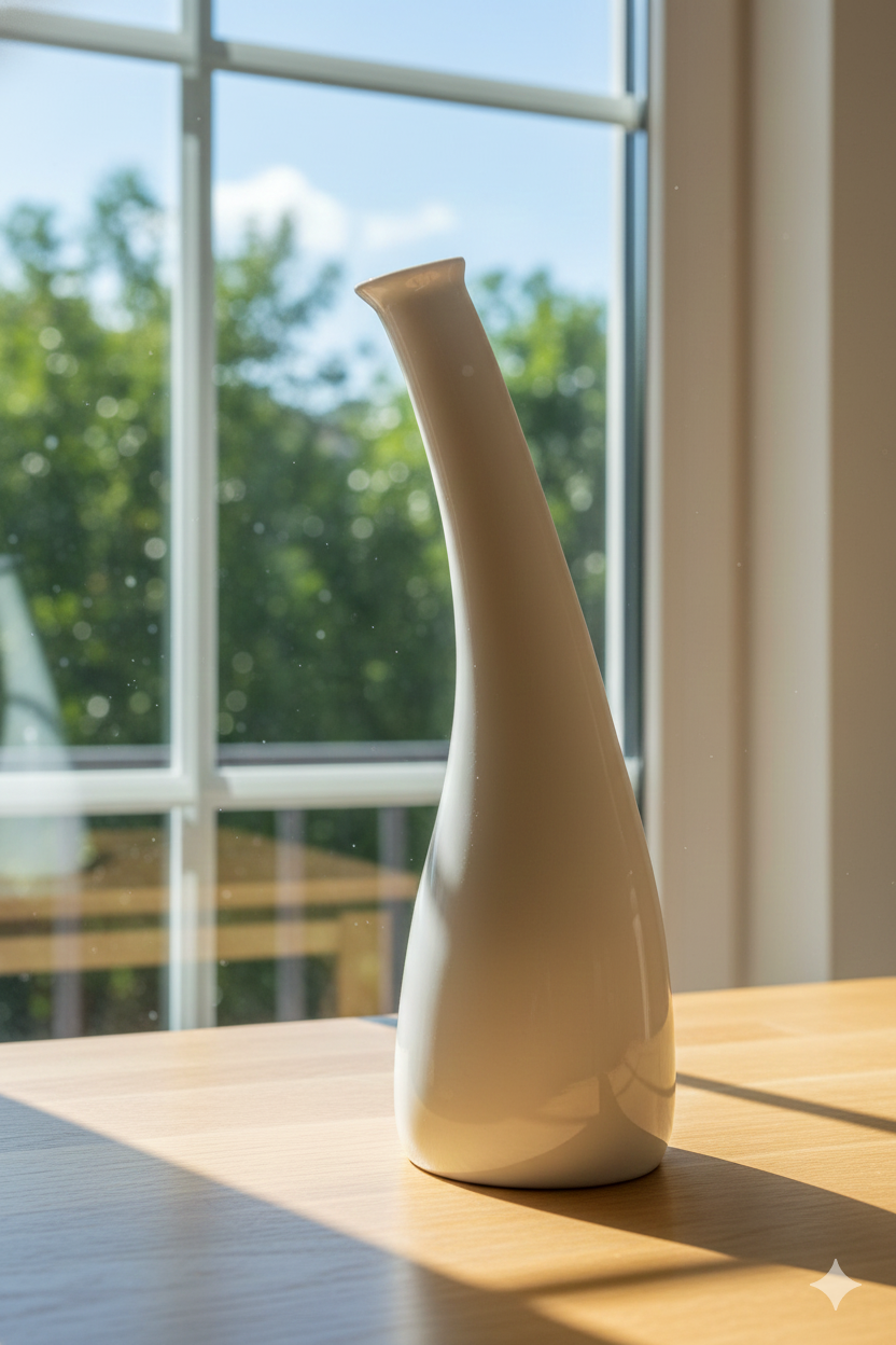 White ceramic vase on a wooden table with a blurred window background
