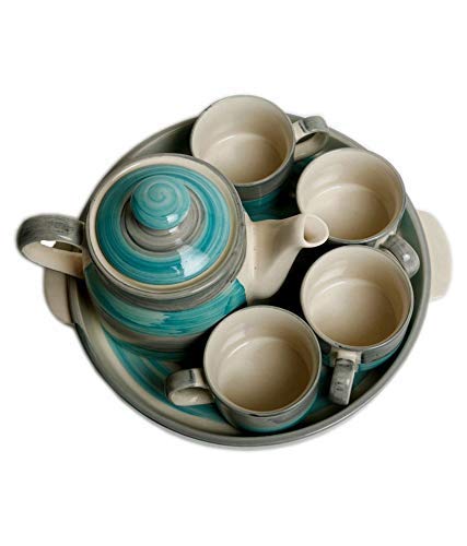 Caffeine Ceramic Handpainted sea Green & Gray Tea Tray Set (6pc) - Caffeine Premium Stoneware