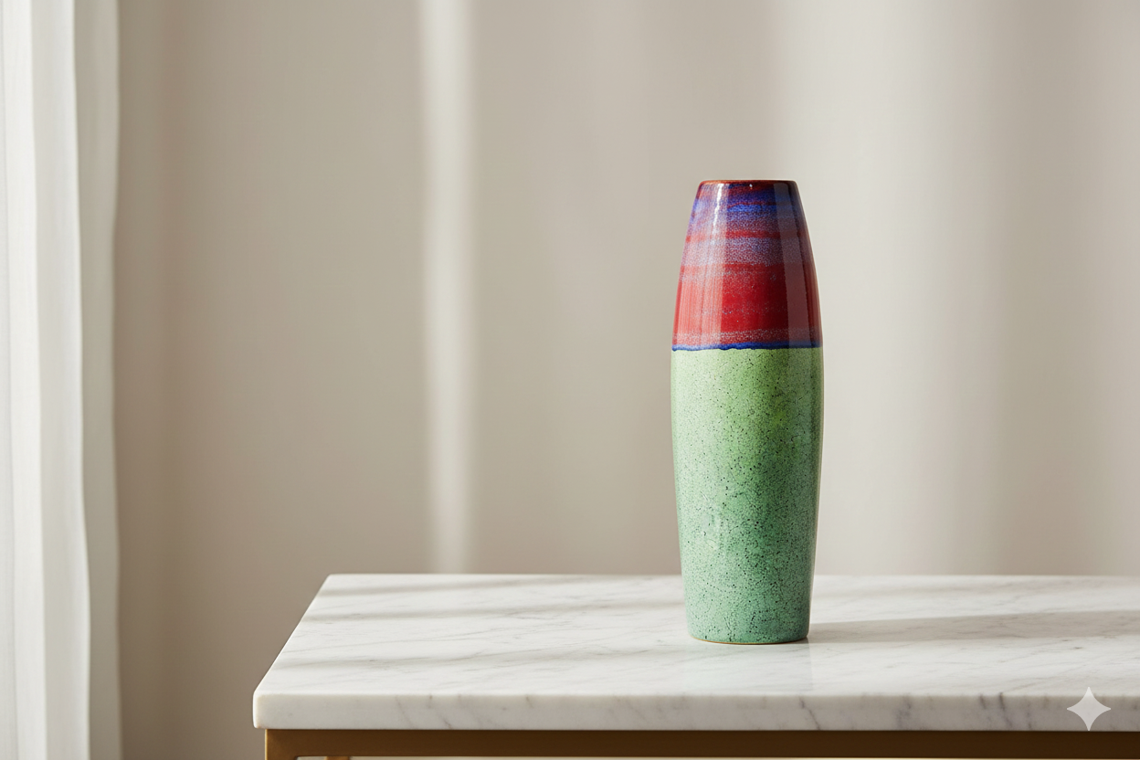 Colorful vase on a marble surface with a neutral background