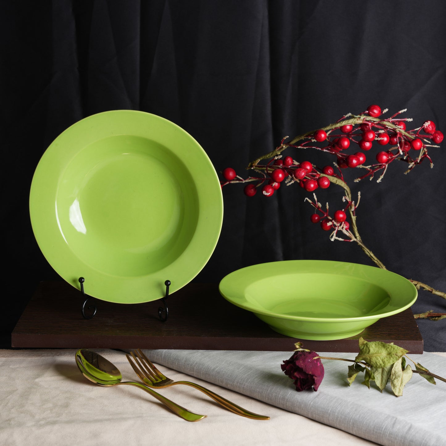 Caffeine Ceramic Handmade Stoneware Parrot Green 9 inches Soup Plates/Maggie Plate/Pasta Plate/Macaroni Plate - (Set of 4 Dishwasher & Microwave Safe) - Caffeine Premium Stoneware