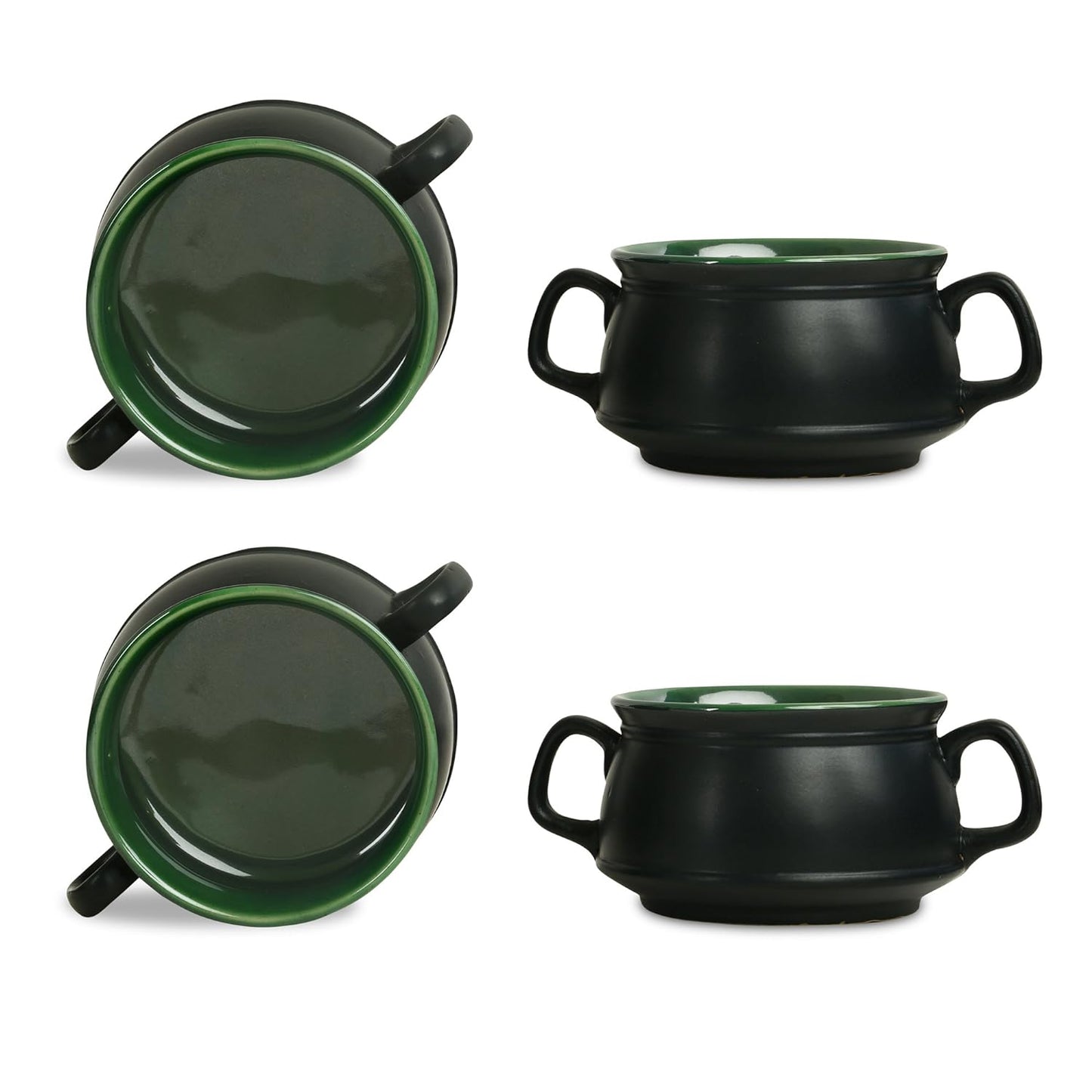 Caffeine Premium Ceramic Handmade Black & Green Double Handle Soup Bowl with Spoon Set 4 - Caffeine Premium Ceramic