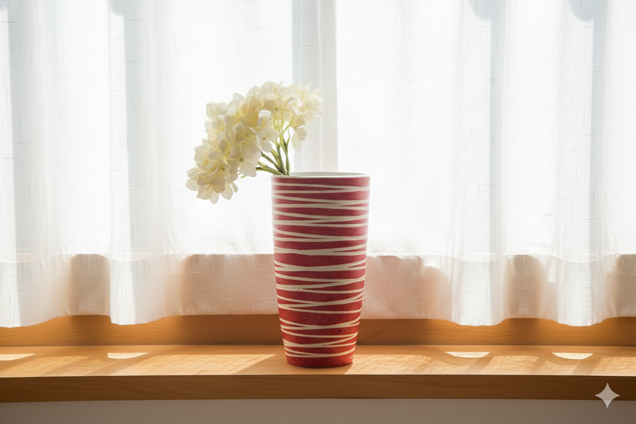 Red and white striped vase with flowers on a wooden surface in front of sheer curtains