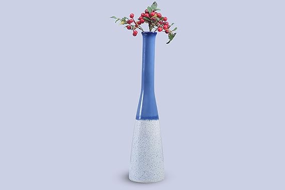 Single white and glossy blue ceramic vase, handcrafted to perfection, a unique piece for home decoration or gifting.