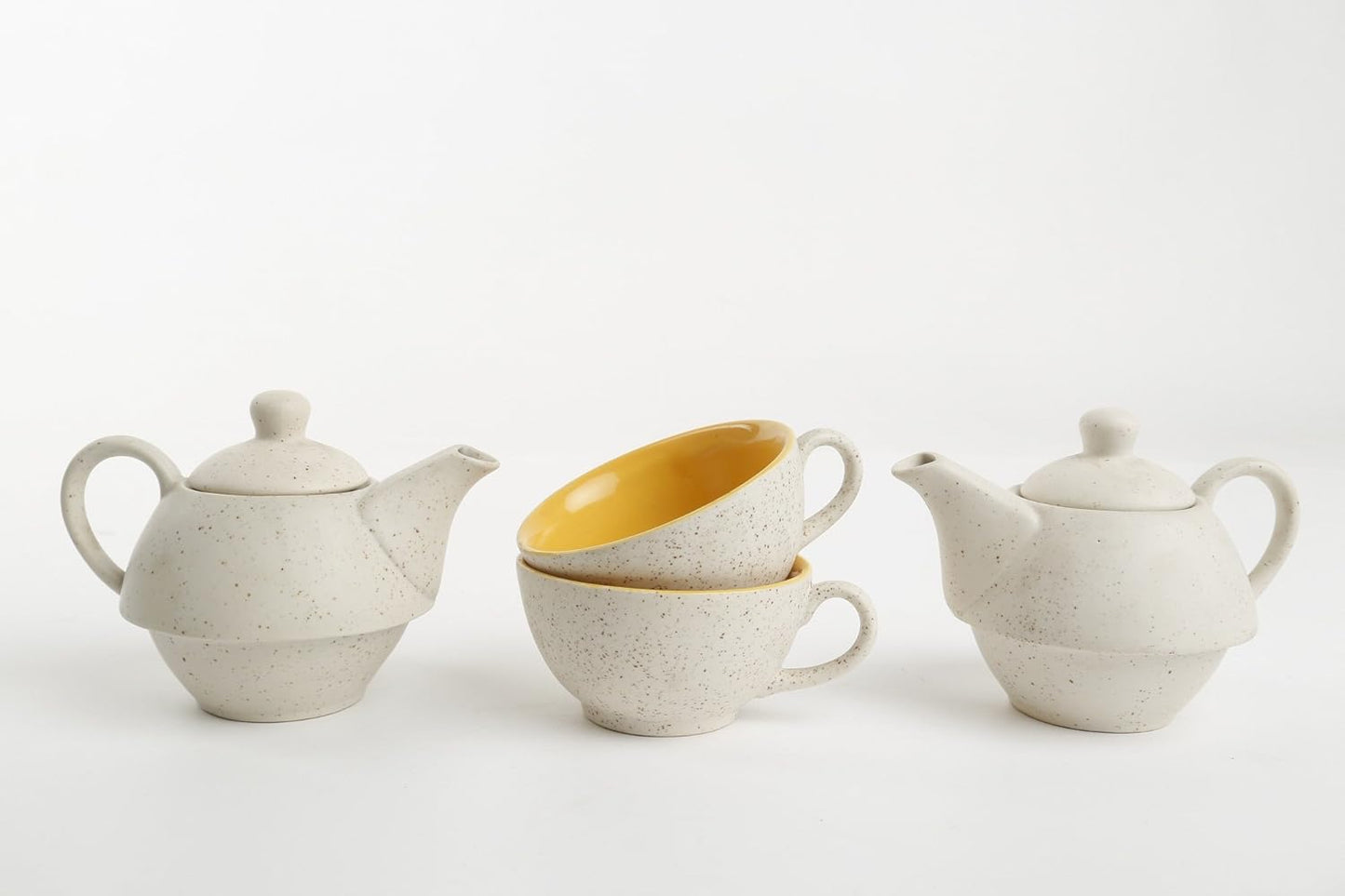 Caffeine Ceramic Handmade White Matte & Mustard 2 in1 Tea Pot (Set of 2, Kettle with Cup)