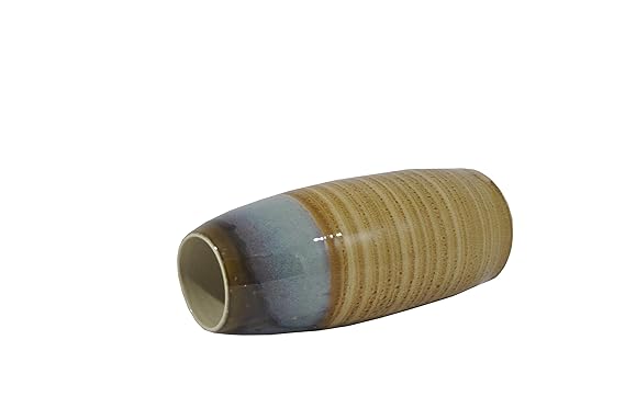 A cylindrical ceramic vase with white and mustard color stripes, with a glossy finish and perfectly shaped edges.