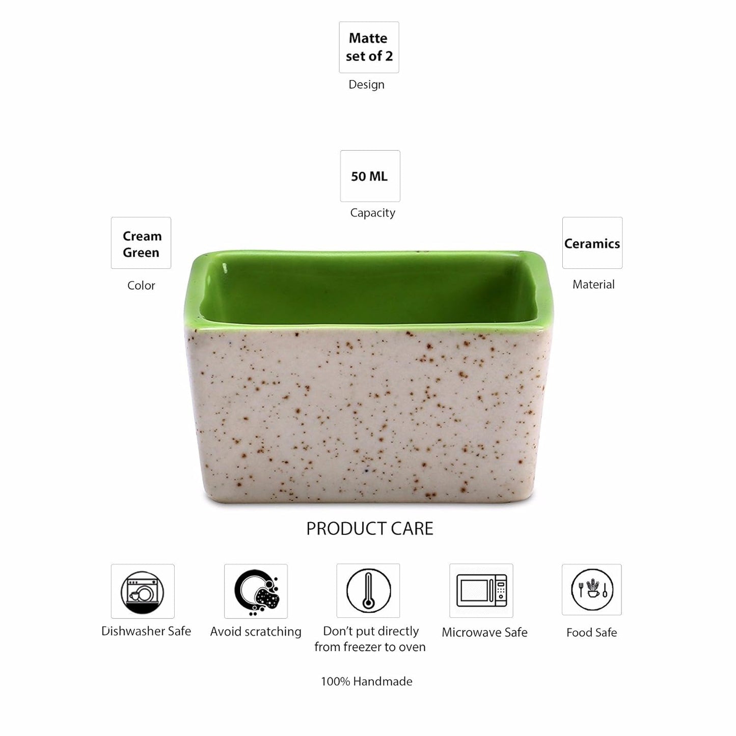 Caffeine Ceramic Stoneware Handmade Cream and Green Dip & Sauce Bowl (Set of 2,50ml) - Caffeine Premium Stoneware