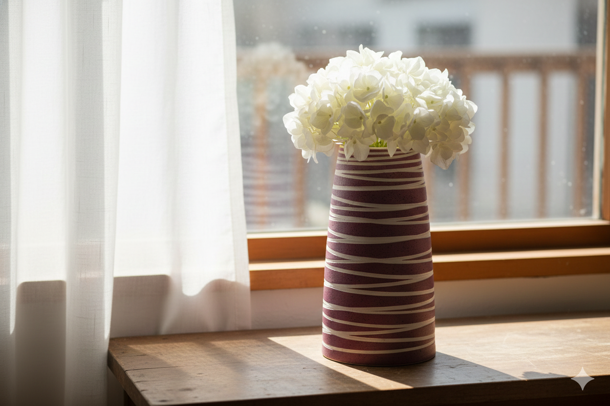 Striped vase with white flowers on a wooden table by a window with sheer curtains.