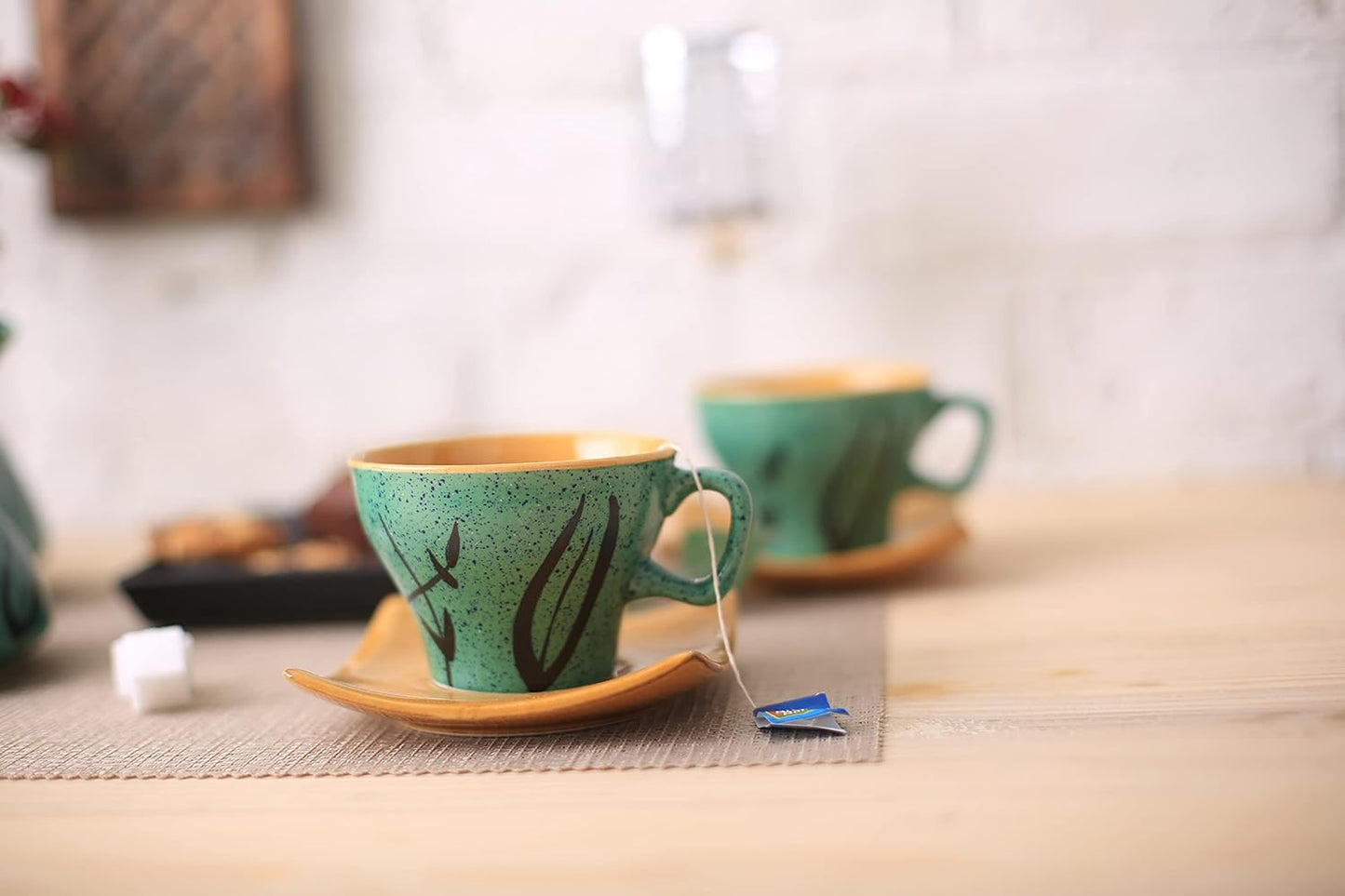 Caffeine Ceramic Handmade Stoneware Golden Turquoise Tea Set (Set of 15 pcs) - Caffeine Premium Stoneware