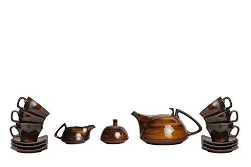 Caffeine Ceramic Handmade Brown Timberland Printed Tea Sets (Set of 15 pcs) - Caffeine Premium Stoneware