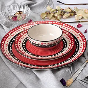 Caffeine Ceramic Handmade Red & Black Dotted Combo Dinner Set of 3 Pcs - Caffeine Premium Stoneware