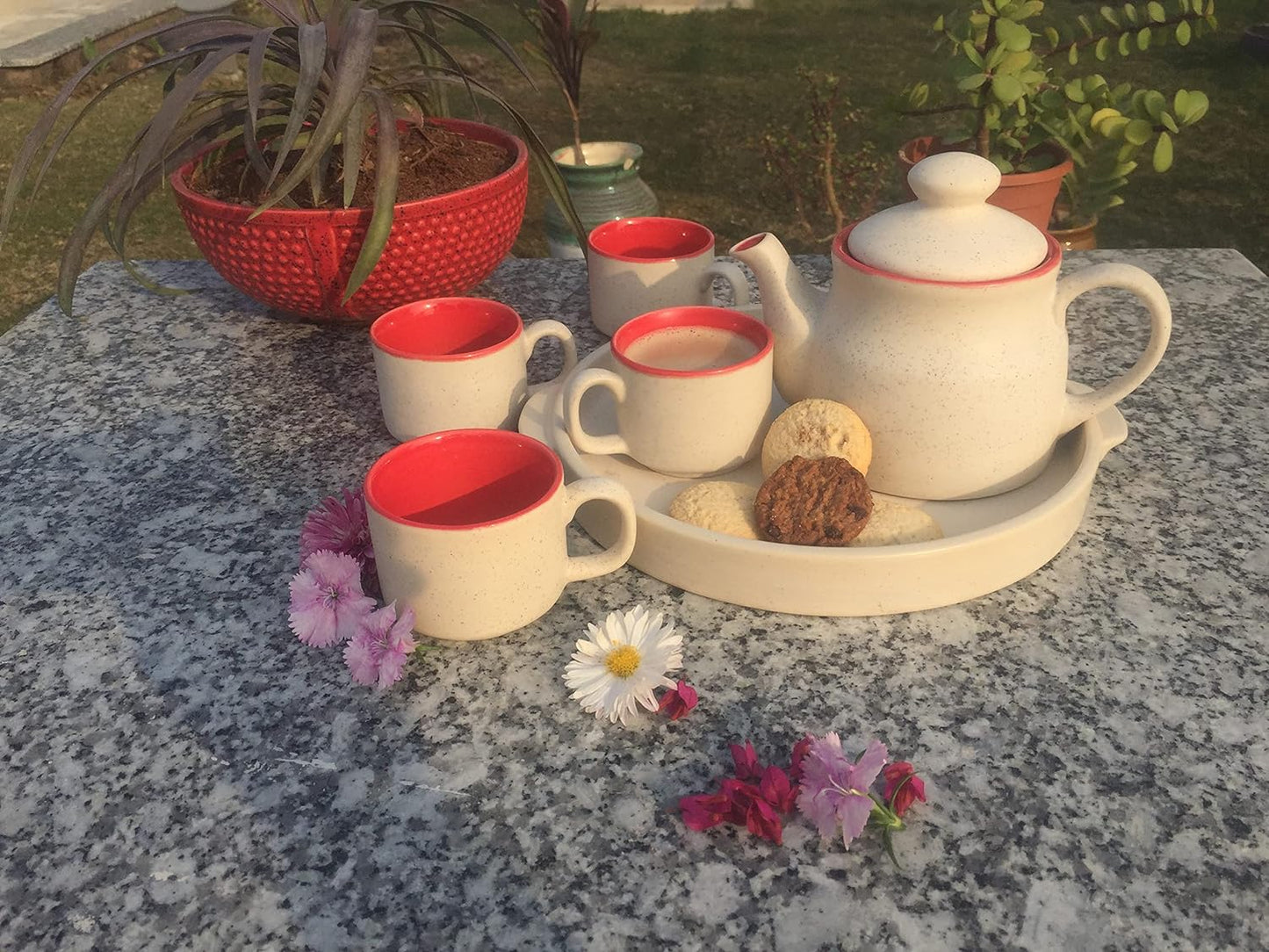Caffeine Ceramic White and Red Tea Tray Set of 6 - Caffeine Premium Stoneware