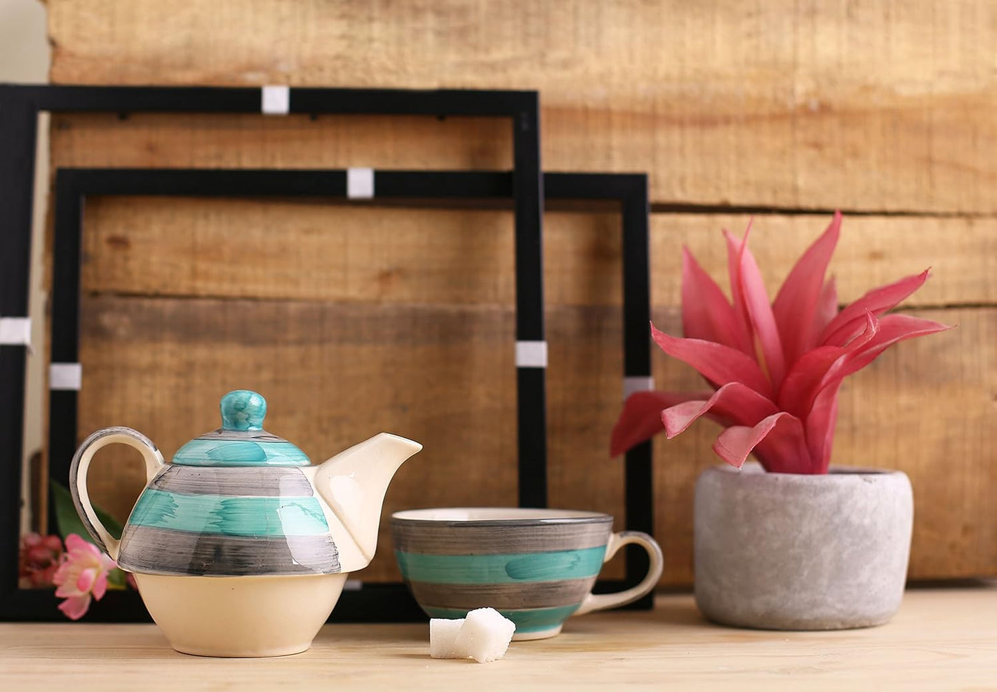 Caffeine Ceramic Handmade Sea Green 2 in 1 Tea Pot (Set of 2, Kettle with Cup)