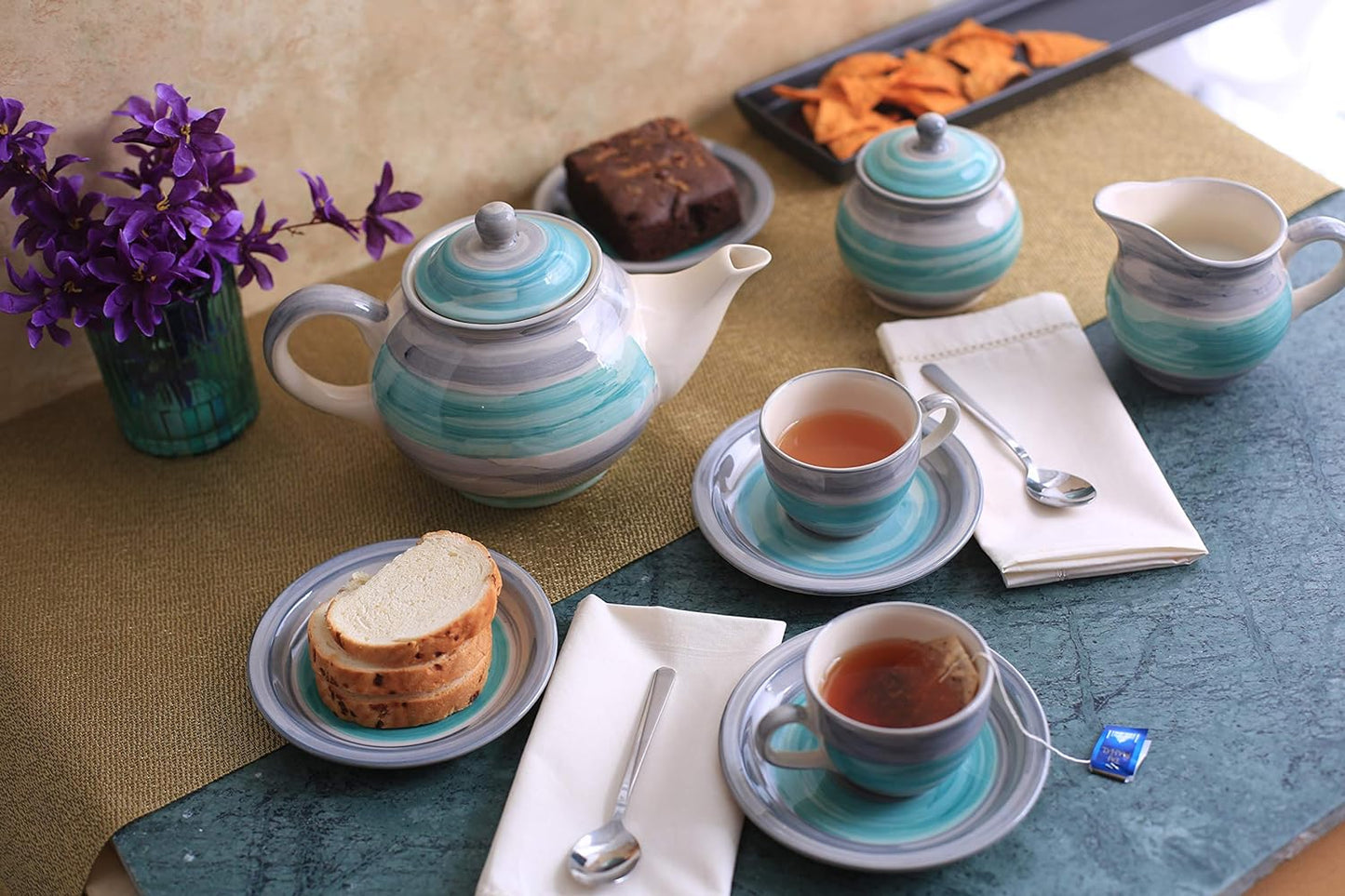 Caffeine Ceramic Handmade Stoneware Sea Green Printed Tea Set of 15 - Caffeine Premium Stoneware