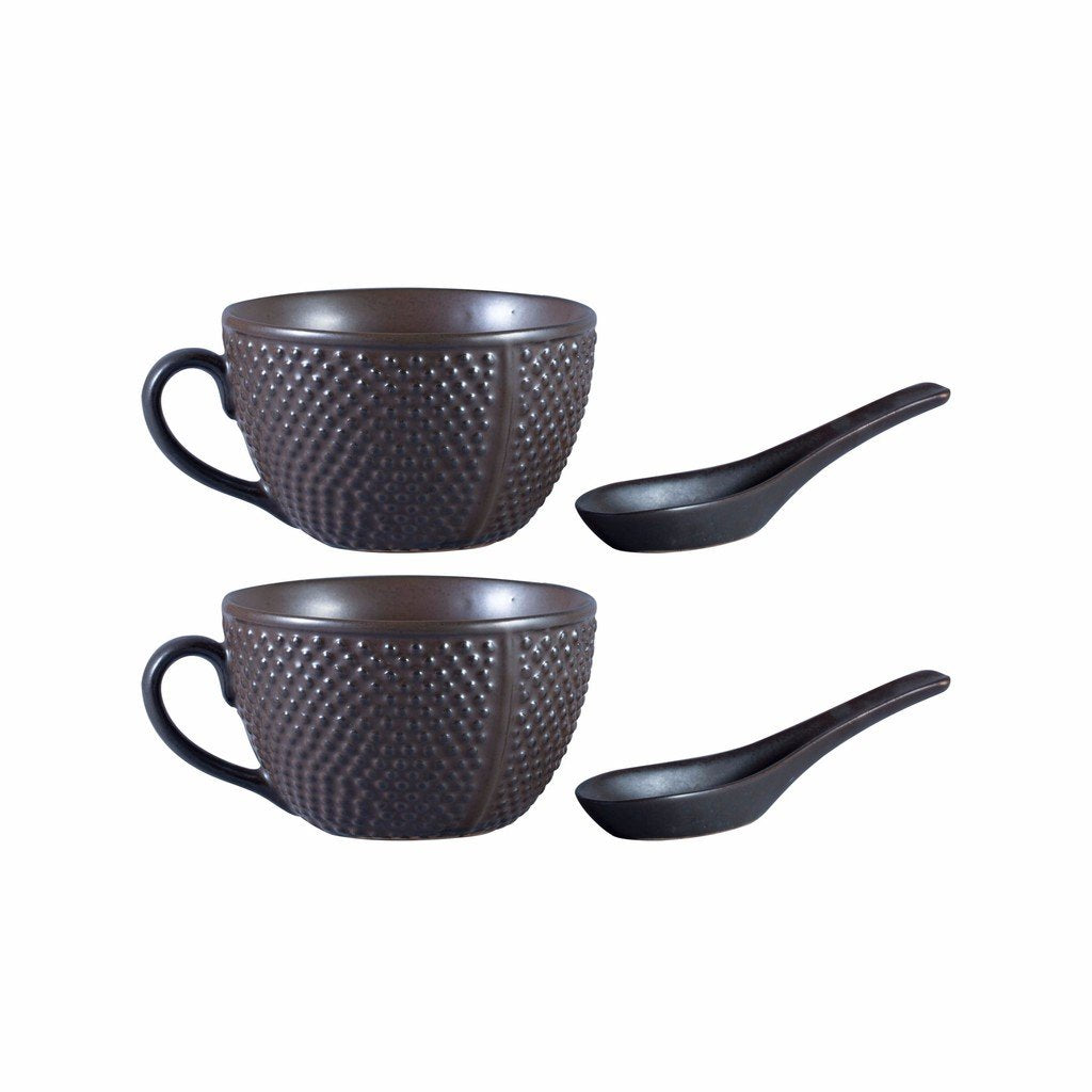 Caffeine Ceramic Handmade Brown Bubble Single Handled Soup Bowl (Set of 2) - Caffeine Premium Stoneware