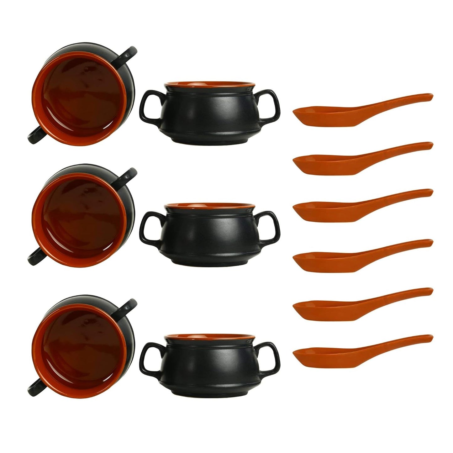 Caffeine Ceramic Handmade Black & Brown Double Handle Soup Bowl with spoon set of 6 - Caffeine Premium Ceramic