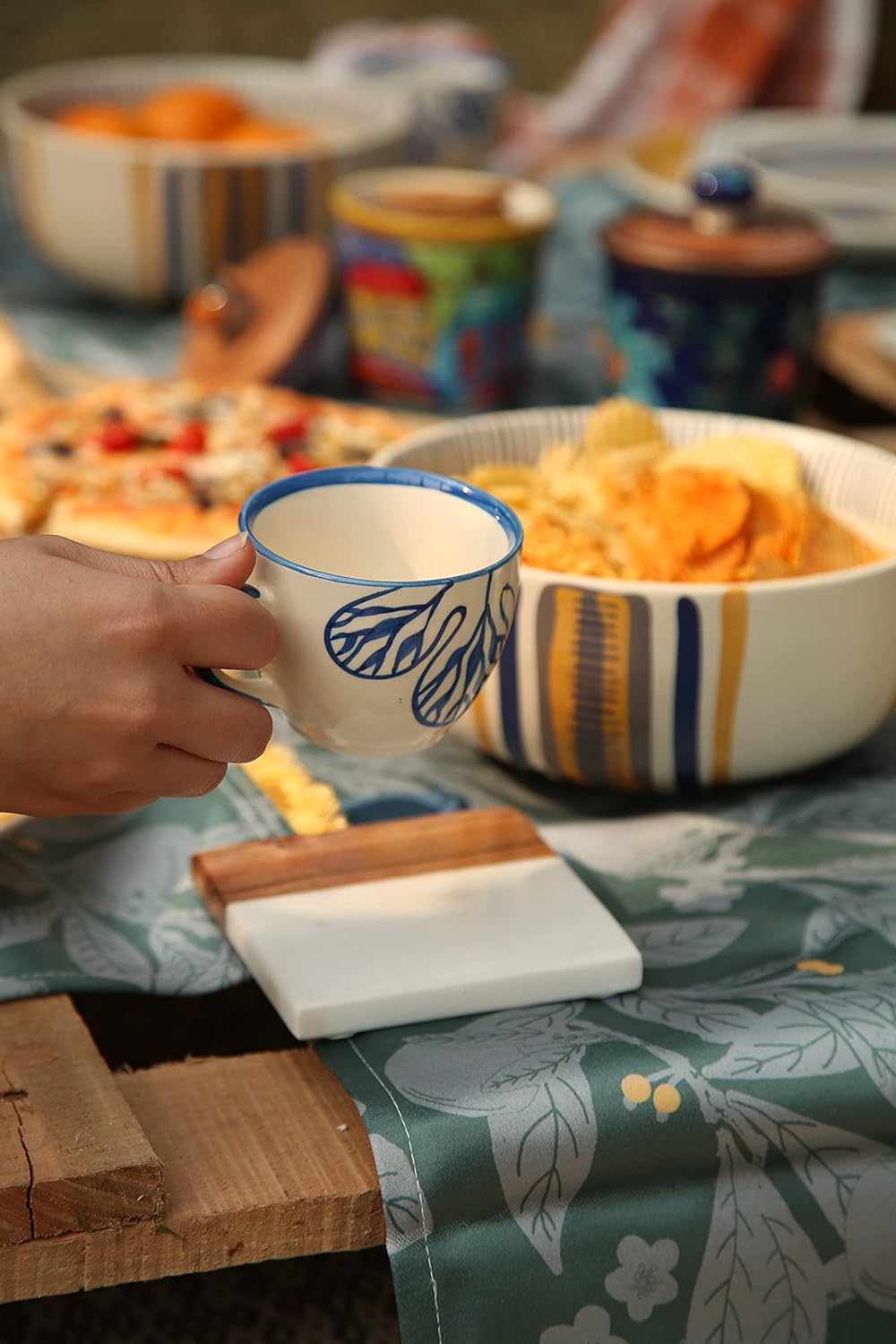 Caffeine Ceramic Handmade Stoneware Blue Flora Tea Set ( set of 15 pcs) - Caffeine Premium Stoneware