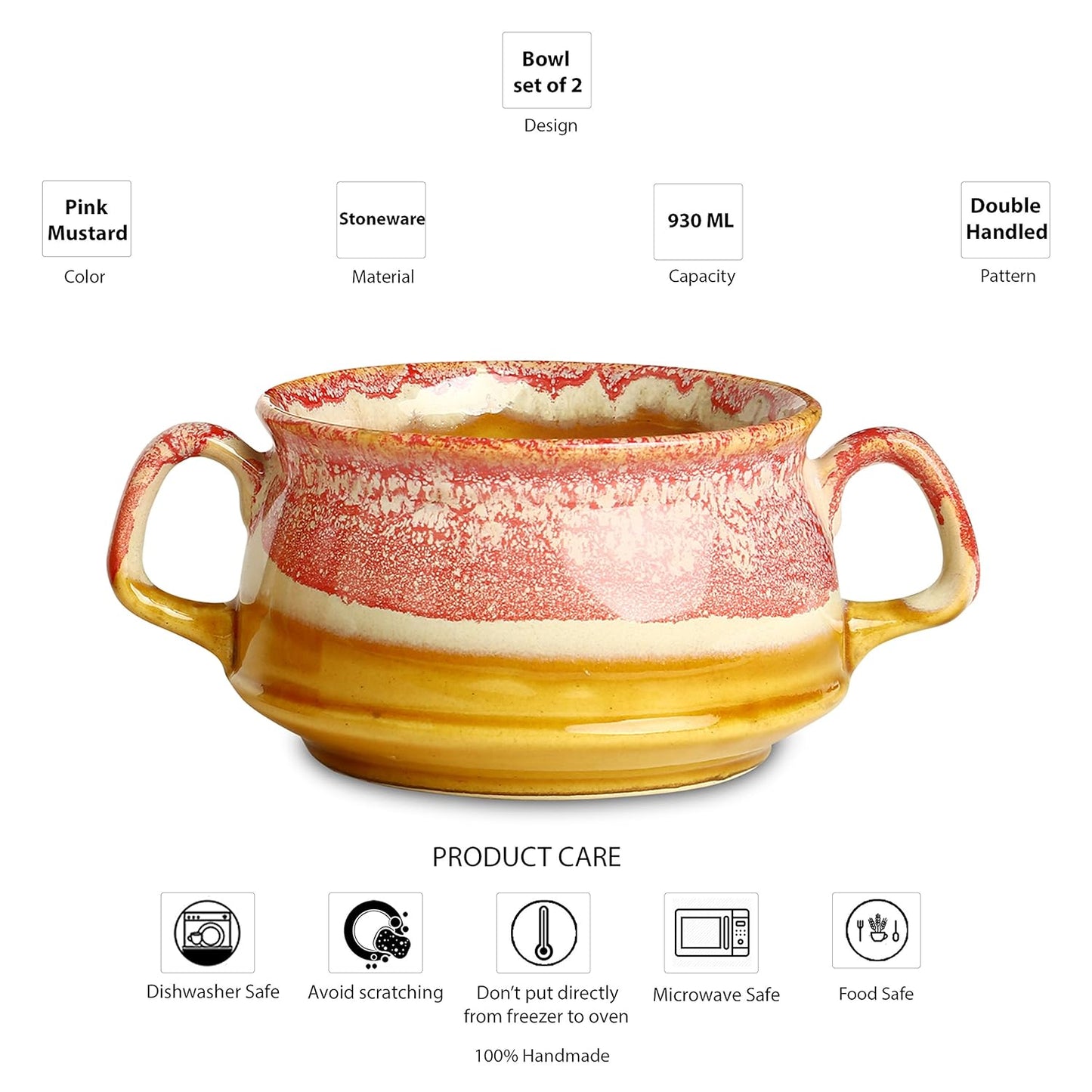 Caffeine Ceramic Pink & mustard Double Handle Soup Bowl with Spoon set of 2 - Caffeine Premium Stoneware