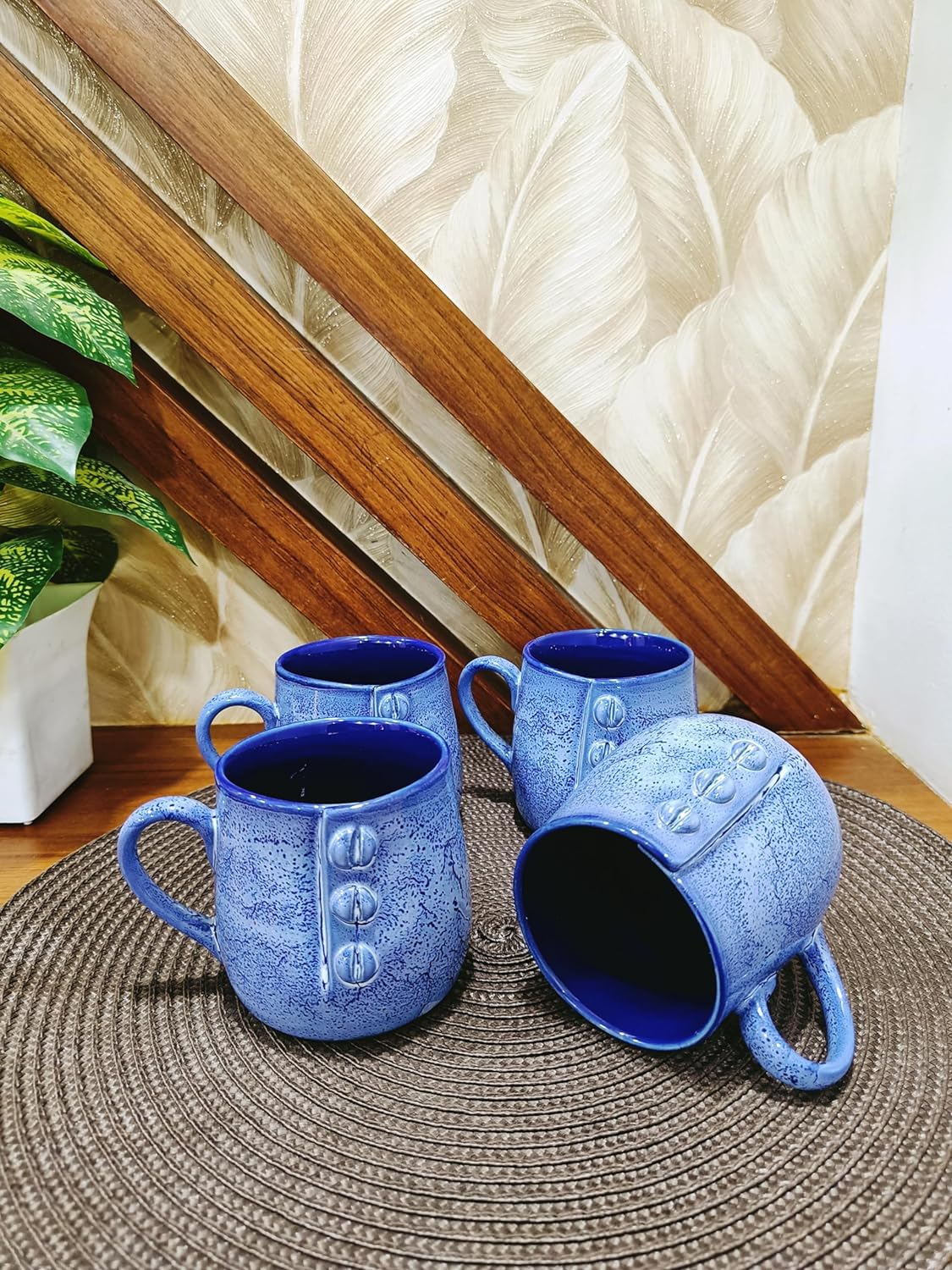 Caffeine Premium Ceramic Handmade Blue Crackle Buttoned Tea Cup set of 4 - Caffeine Premium Stoneware