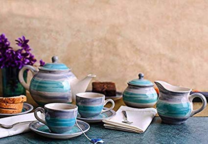 Caffeine Ceramic Handmade Stoneware Sea Green Printed Tea Set of 15 - Caffeine Premium Stoneware