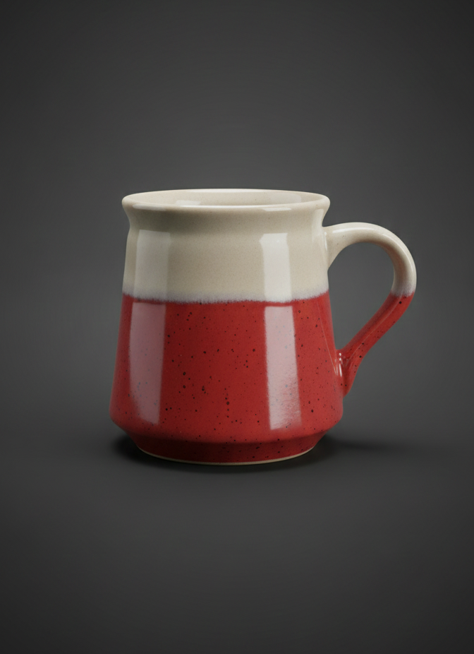 A pair of red and cream two-tone ceramic mugs with steam rising, placed on a wooden table in warm natural light.