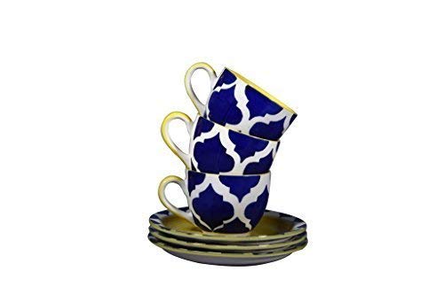 Caffeine Ceramic Handmade Blue umrao Printed Tea Sets (Set of 15 pcs) - Caffeine Premium Stoneware