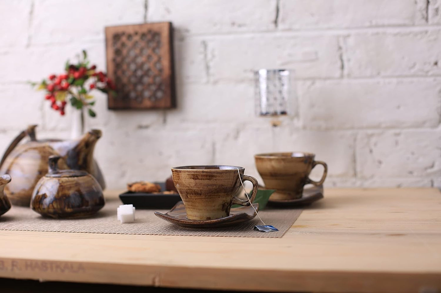 Caffeine Ceramic Handmade Stoneware Wood Brown Tea Set of 15 - Caffeine Premium Stoneware