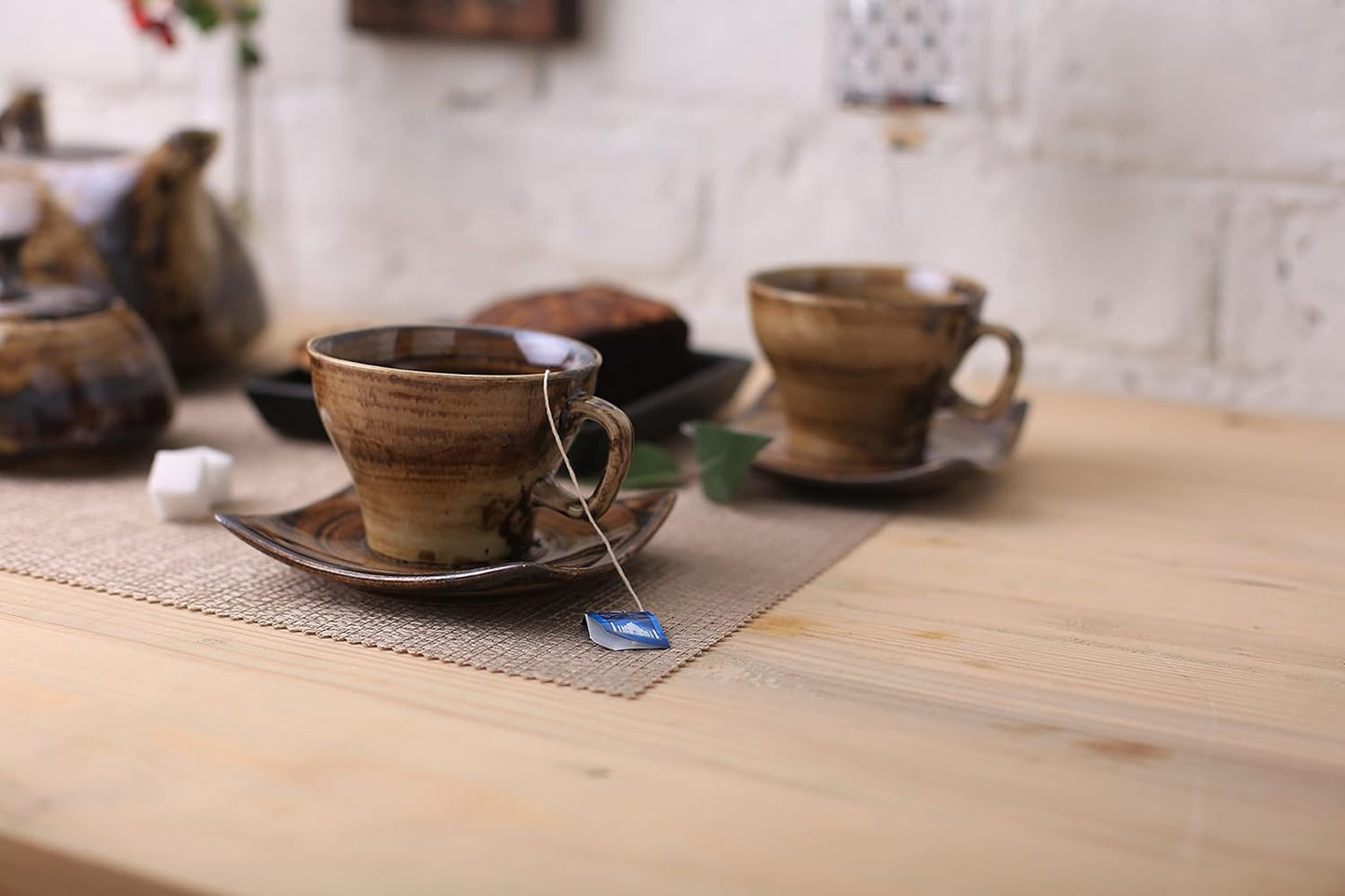 Caffeine Ceramic Handmade Stoneware Wood Brown Tea Set of 15 - Caffeine Premium Stoneware