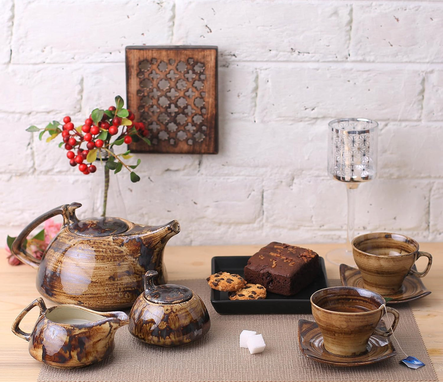 Caffeine Ceramic Handmade Stoneware Wood Brown Tea Set of 15 - Caffeine Premium Stoneware