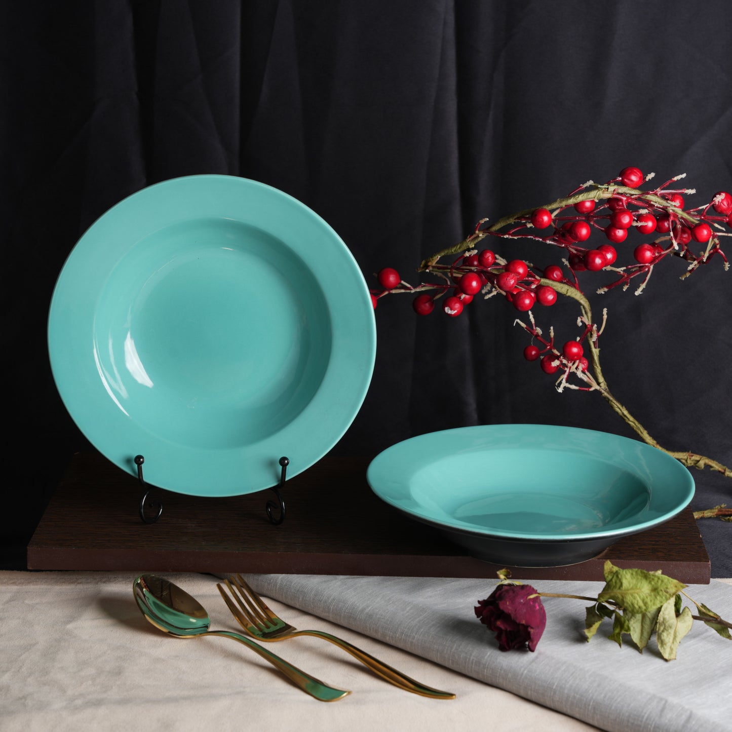 Caffeine Ceramic Handmade Blue 9 inches Soup Plate/Pasta Plate/Maggie Plate/Macaroni Plate (Set of 6) - Caffeine Premium Stoneware