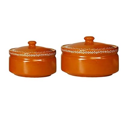 Caffeine Ceramic Handmade Brown Terracotta Serving Donga casserole with lid (Set of 3)