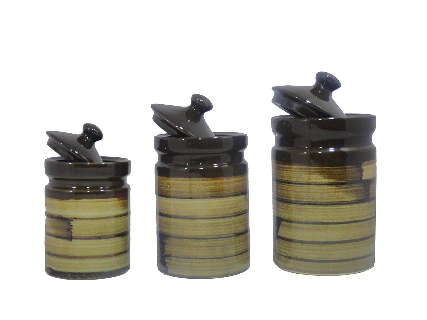 Caffeine Ceramic Stoneware Handmade Wood Brown Barni/Pickle Jar (Set of 3) - Caffeine Premium Stoneware