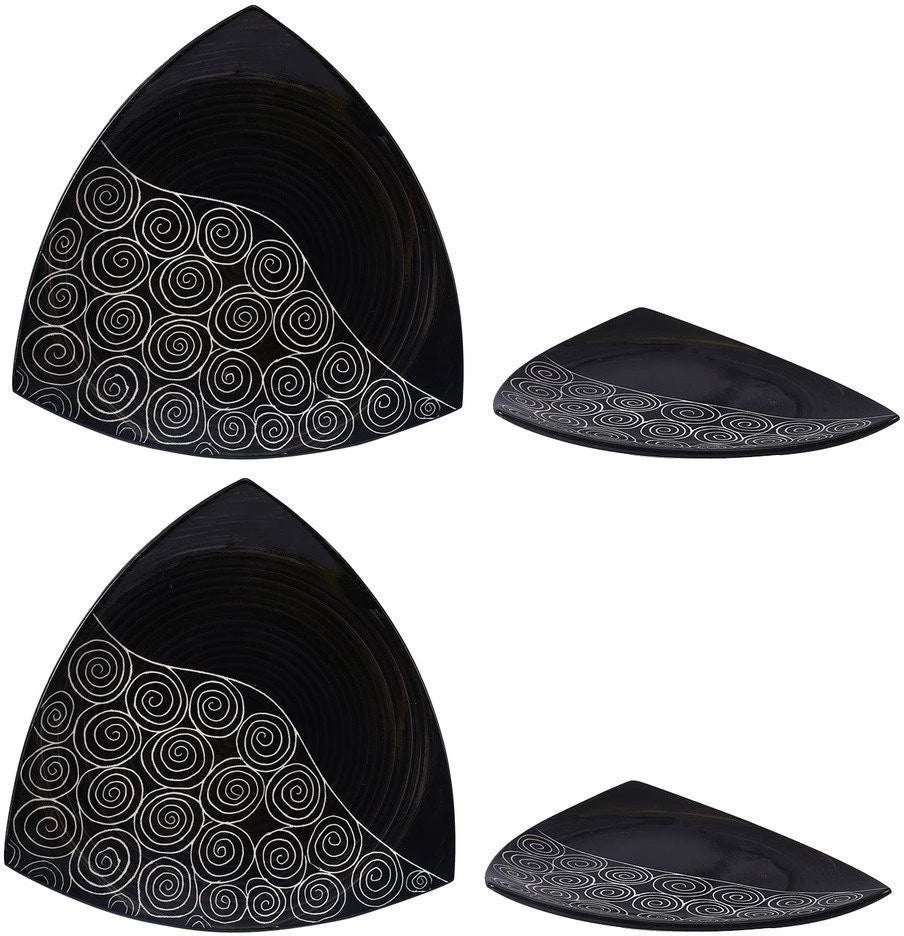 Caffeine Ceramic Handmade Black Doodle Triangle Snack Plate (Set of 4)