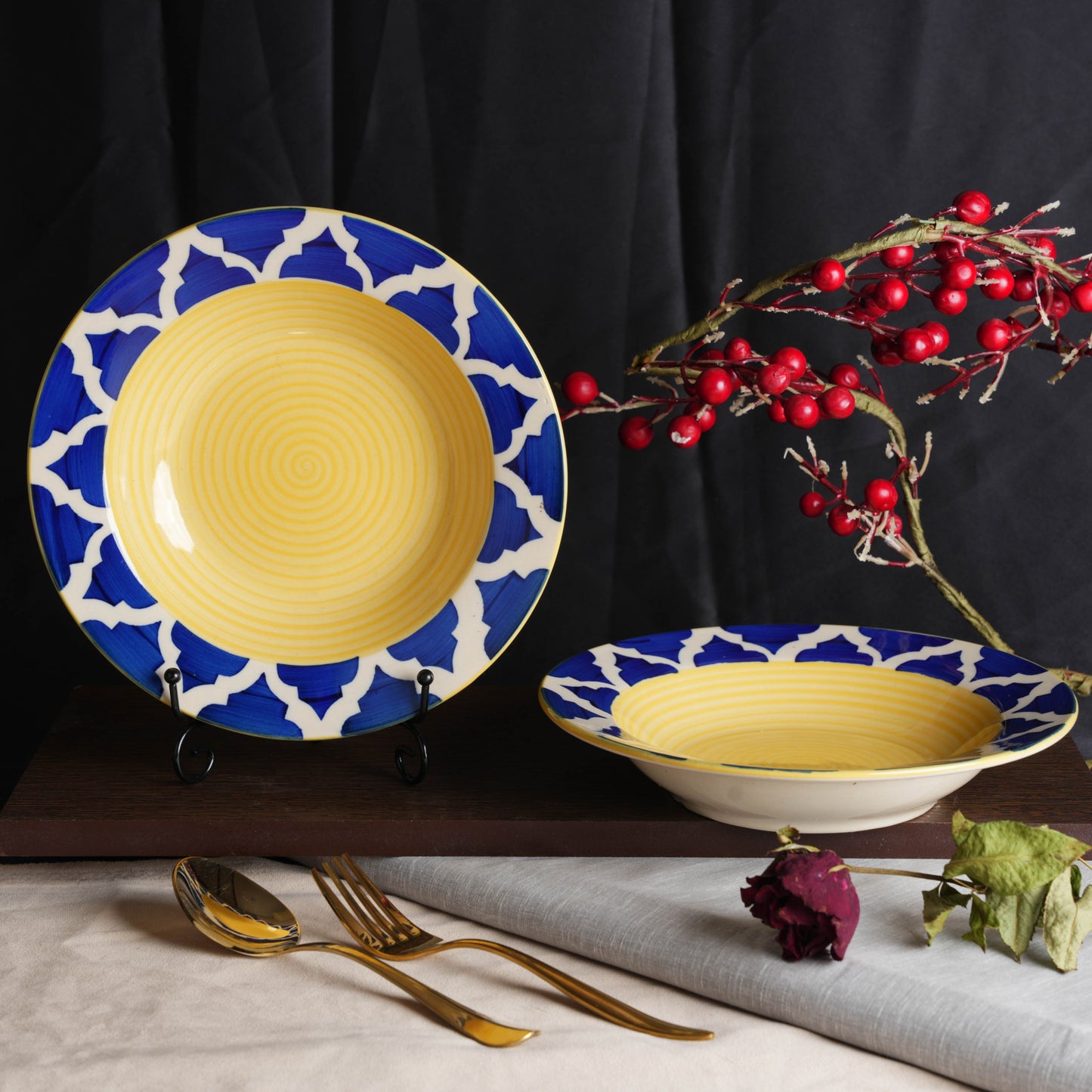 Caffeine Ceramic Handmade Stoneware Yellow & Umrao Print Soup Plate/Pasta Plate/Maggi Plate/Macaroni Plate 9 inch (Set of 4 Dishwasher & Microwave Safe) - Caffeine Premium Stoneware