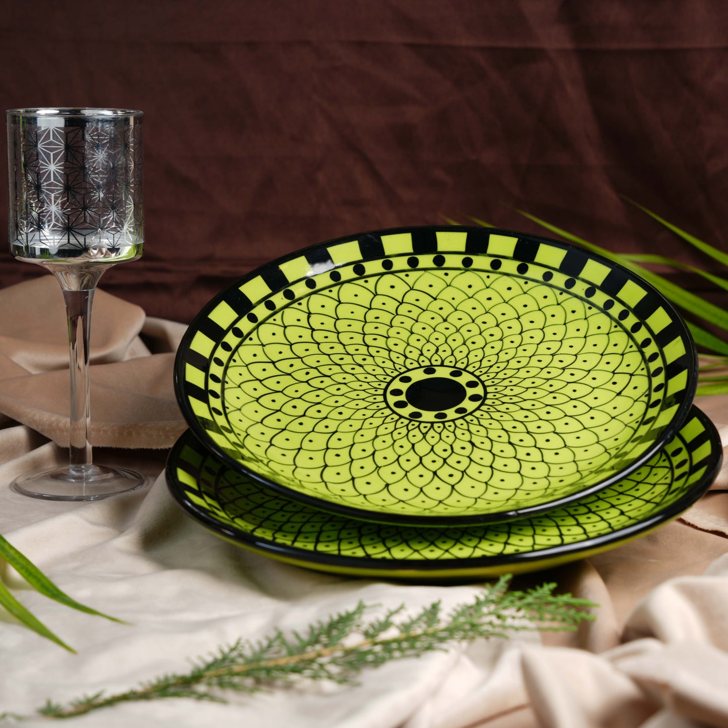 Caffeine Ceramic Handmade Stoneware Green Flora Pattern Quarter plate 7”(Set of 2 Dishwasher & Microwave safe) - Caffeine Premium Stoneware