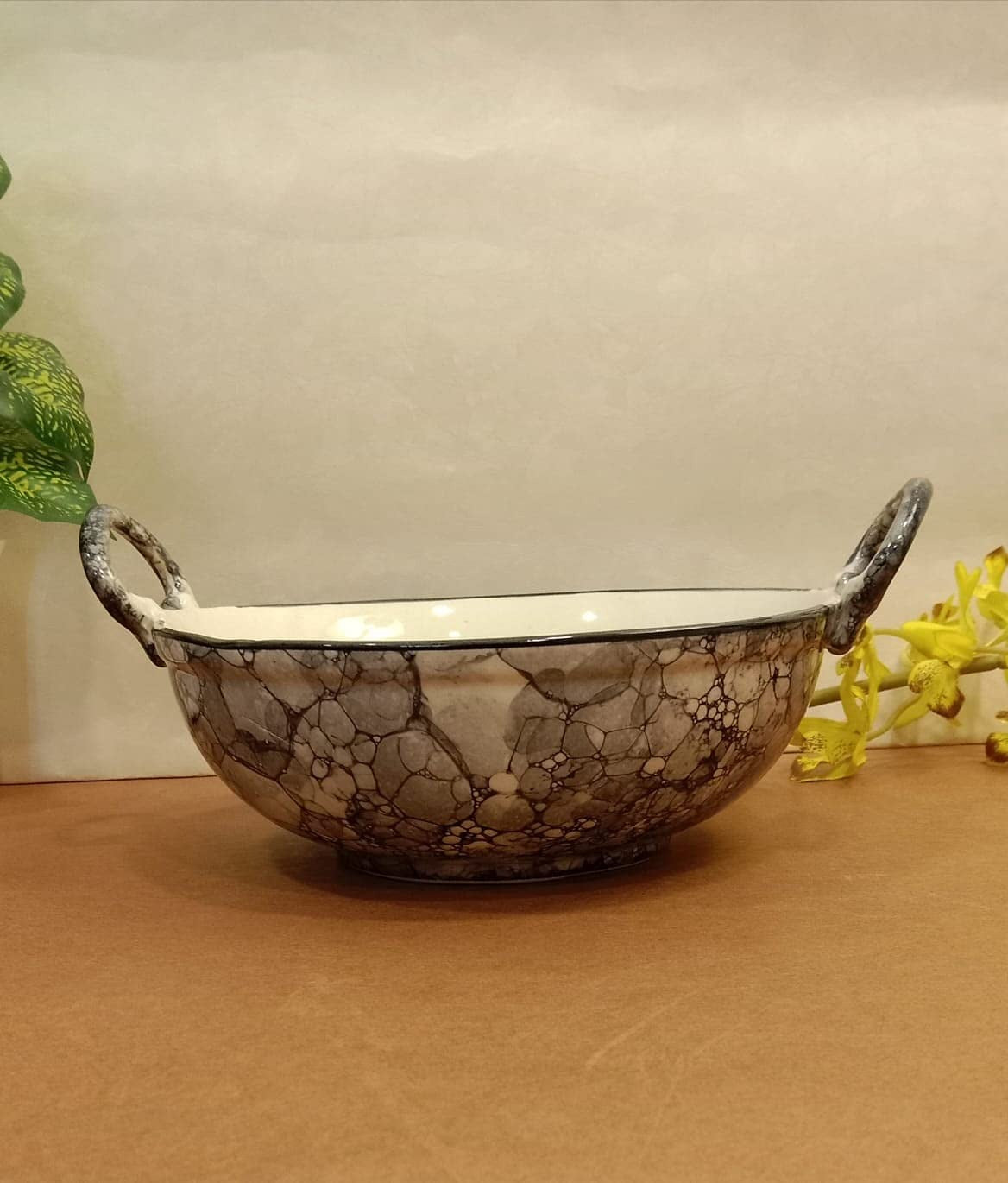 Caffeine Ceramic Handmade Stoneware Black & Grey Kadhai (Set of 1 Microwave & Dishwasher Safe)