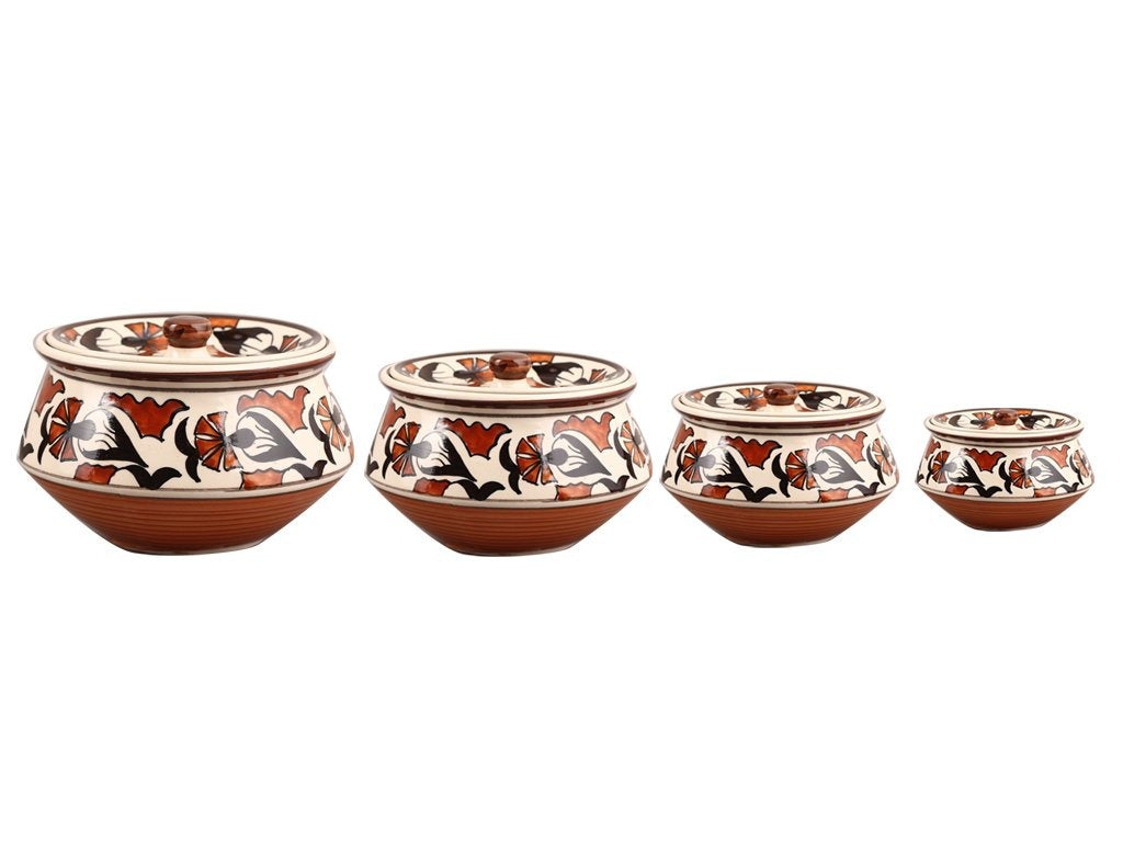 Caffeine Ceramic Handmade Multicolor Flower Print Serving Handi with Lid (Set of 4)