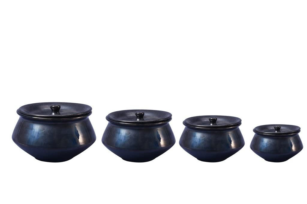 Caffeine Handmade Ceramic Stoneware Ferrous Black Serving Handi Set with Lid (Set of 4)