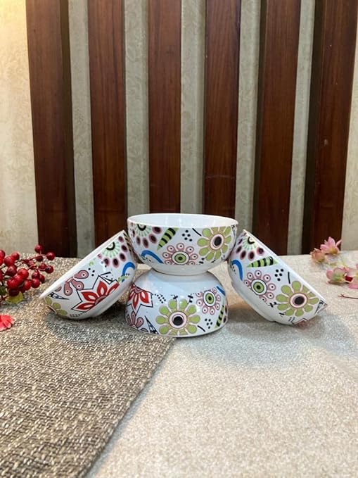 Caffeine Premium Ceramic Handmade Multicolor Flower Design Katori Bowl (Set of 4 ) - Caffeine Premium Stoneware