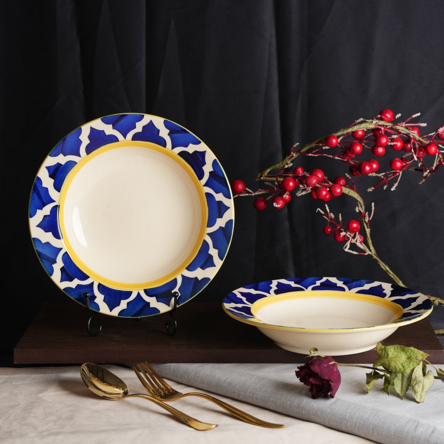Caffeine Ceramic Handmade Stoneware Blue Umrao 7 inch Soup Plate/Pasta Plate/Maggie Plate/Macaroni Plate(Set of 6 Microwave & Dishwasher Safe) - Caffeine Premium Stoneware